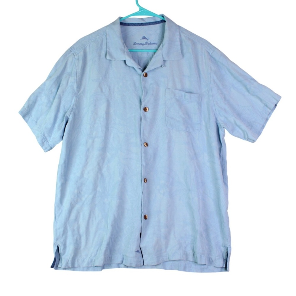 Tommy Bahama 100% Silk Button Up Short Sleeve Shirt Size L Blue Hawaii Beach